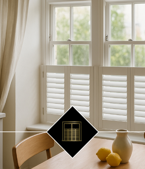Café style shutters covering the lower half of the window for street-level privacy with open top light