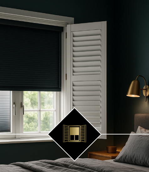 Shutters with integral blackout blinds for bedrooms and nurseries — total darkness when needed