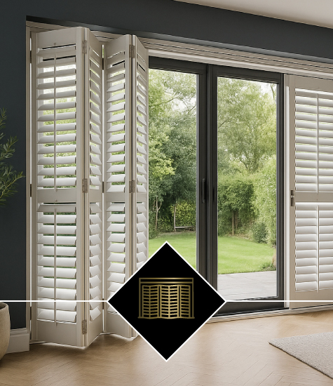 Tracked bi-fold shutters gliding along patio doors — wide openings with smooth operation