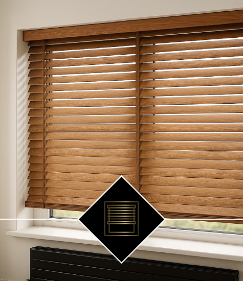 Wooden venetian blinds with wide slats adding warmth to a lounge by A Touch of Class