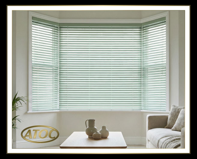 Close-up of aluminium venetian blinds showing colour range, brushed and gloss finishes with 25 mm, 35 mm and 50 mm slats