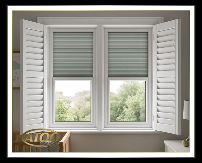 Room-darkening shutters with integrated blackout blind used in an Essex nursery and media room for better sleep and cinema viewing