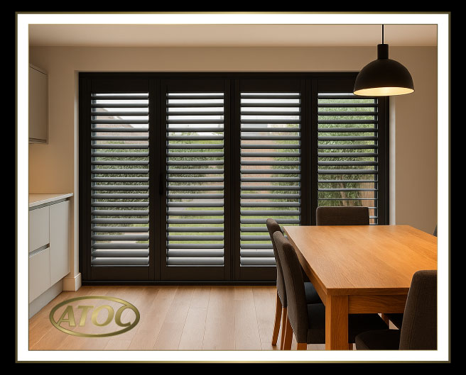 Close-up of tracked shutter hardware showing top track, discreet bottom guide and panel stacking options for bi-fold and bypass