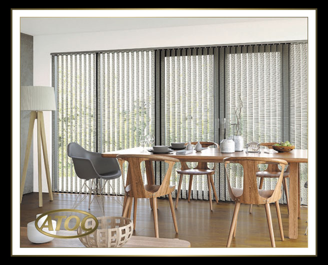 Close-up of vertical blind options showing fabric swatches, five track colours and three weight and chain colours