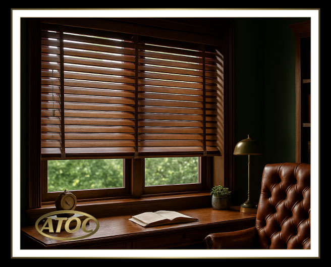 Close-up of wooden venetian blinds showing colour finishes, natural wood grains, decorative tapes and multiple slat sizes